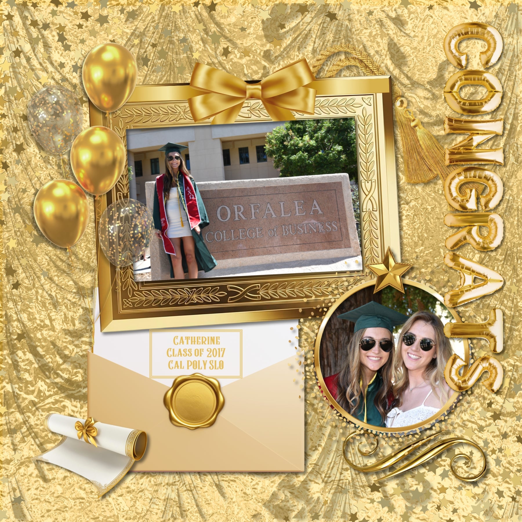 Celebrate your grad with this golden graduation collection featuring embellishments, papers, confetti overlays, and glitter frames by Lucky Girl Creative digital art for digital scrapbooking. Perfect for graduation announcements, graduation party invitations, and pages that honor their graduate's achievement. Can we used for high school, university, college, or grad school graduation ceremonies plus New Year's, wedding, birthday, anniversary, and other celebrations. Embellishments include arrow, medal