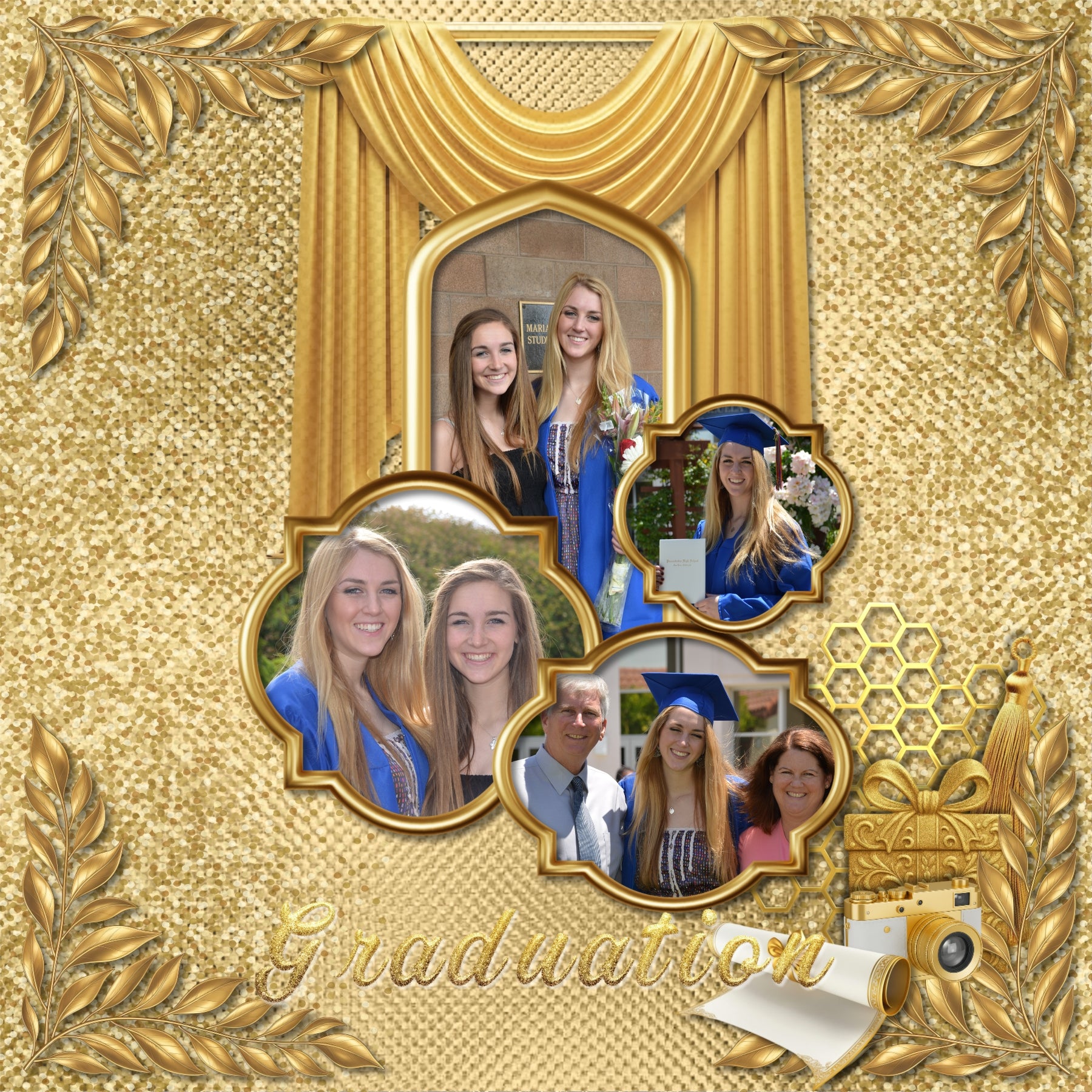 Celebrate your grad with this golden graduation collection featuring embellishments, papers, confetti overlays, and glitter frames by Lucky Girl Creative digital art for digital scrapbooking. Perfect for graduation announcements, graduation party invitations, and pages that honor their graduate's achievement. Can we used for high school, university, college, or grad school graduation ceremonies plus New Year's, wedding, birthday, anniversary, and other celebrations. Embellishments include arrow, medal