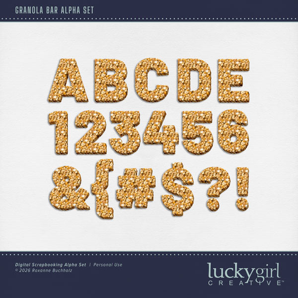 Showcase your favorite desserts, restaurants, recipes, and cookbook favorites with these fun digital scrapbooking alphabet letters, numbers, and punctuation by Lucky Girl Creative digital art great for creating one-of-a-kind digital scrapbooking page titles. Great for snacks on a hike and for children's lunch boxes! This alpha set consists of a full set of digital art uppercase letters A-Z, numbers 0-9, and most punctuation. This alpha set is available as individual embellishments only. 