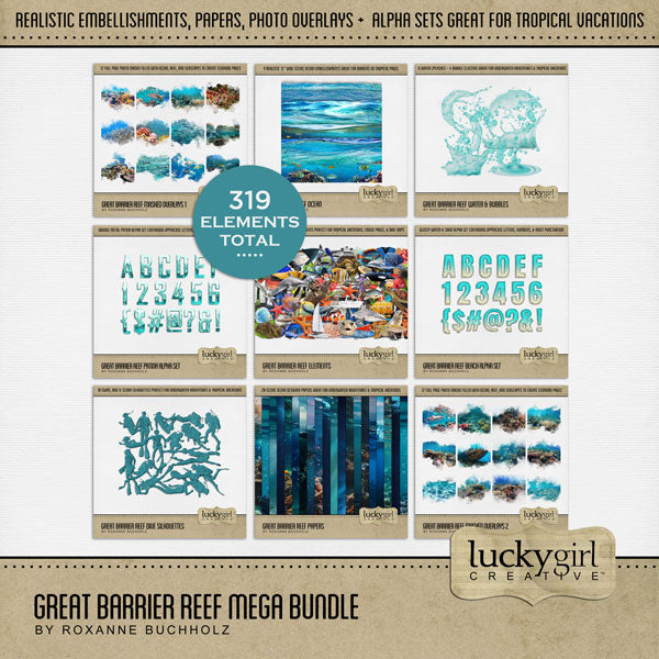 Highlight your vacation memories with these realistic underwater digital art ocean embellishments, papers, masked photo overlays, silhouettes, water splashes, and 2 alpha sets by Lucky Girl Creative. Great for digital scrapbooking holidays to the beach, Great Barrier Reef, Hawaii, the Caribbean Sea, Florida, and other scuba dive, snorkel, and swim adventures. They can even be used for trips to the aquarium, sailing, and boating, too! 