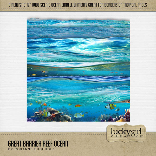 Highlight your vacation memories with these realistic ocean landscapes by Lucky Girl Creative. Great for digital scrapbooking holidays to the beach, Great Barrier Reef, Hawaii, the Caribbean Sea, Florida, and other diving, snorkeling, and swimming adventures. The kit includes 9 - 12" wide digital art embellishment borders that create unique and stunning pages.