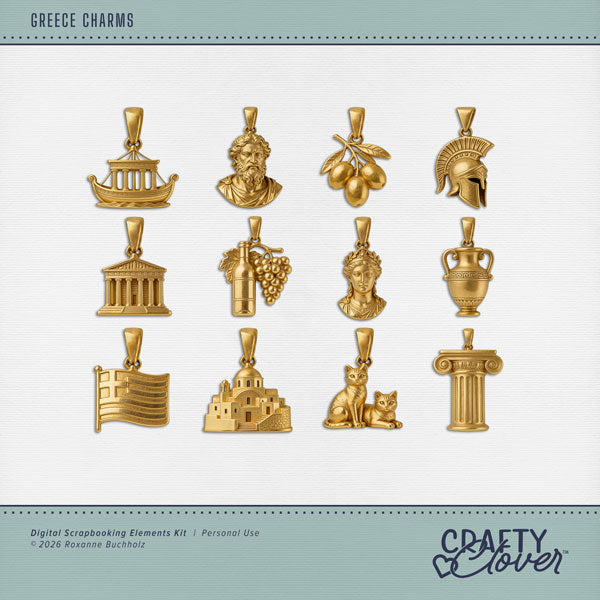 Document your world travel digital scrapbooking pages with these authentic gold charms by Crafty Clover digital art celebrating Greece. Charm embellishments include ship, boat, cats, column, flag of Greece, Greek god, Greek goddess, helmet, olives, Parthenon, Santorini, vase, grapes, and wine. This kit is NOT included in any bundle.