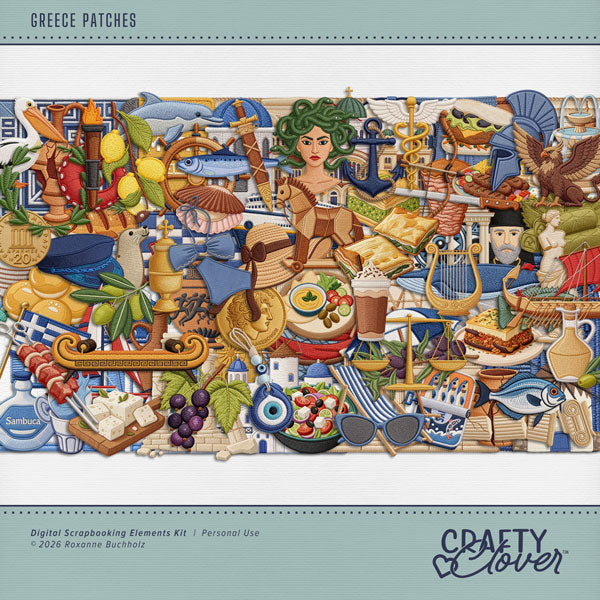 Document your world travel digital scrapbooking pages with these authentic embroidered patches by Crafty Clover digital art celebrating Greece. Embellishments include dolphin, fish, sardine, sea bass, pelican, Seabream, seal, whale, clay, ceramic, vase, pottery, vessel, artifact, beach chair, umbrella, cruise ship, boat, Greek warship, Trireme, anchor, ship building, sailor hat, ship's wheel, yacht, book of myths, bow and arrow, dome, coin, money, column, arch, ruin, broken, Parthenon, dishes, plates, dome,
