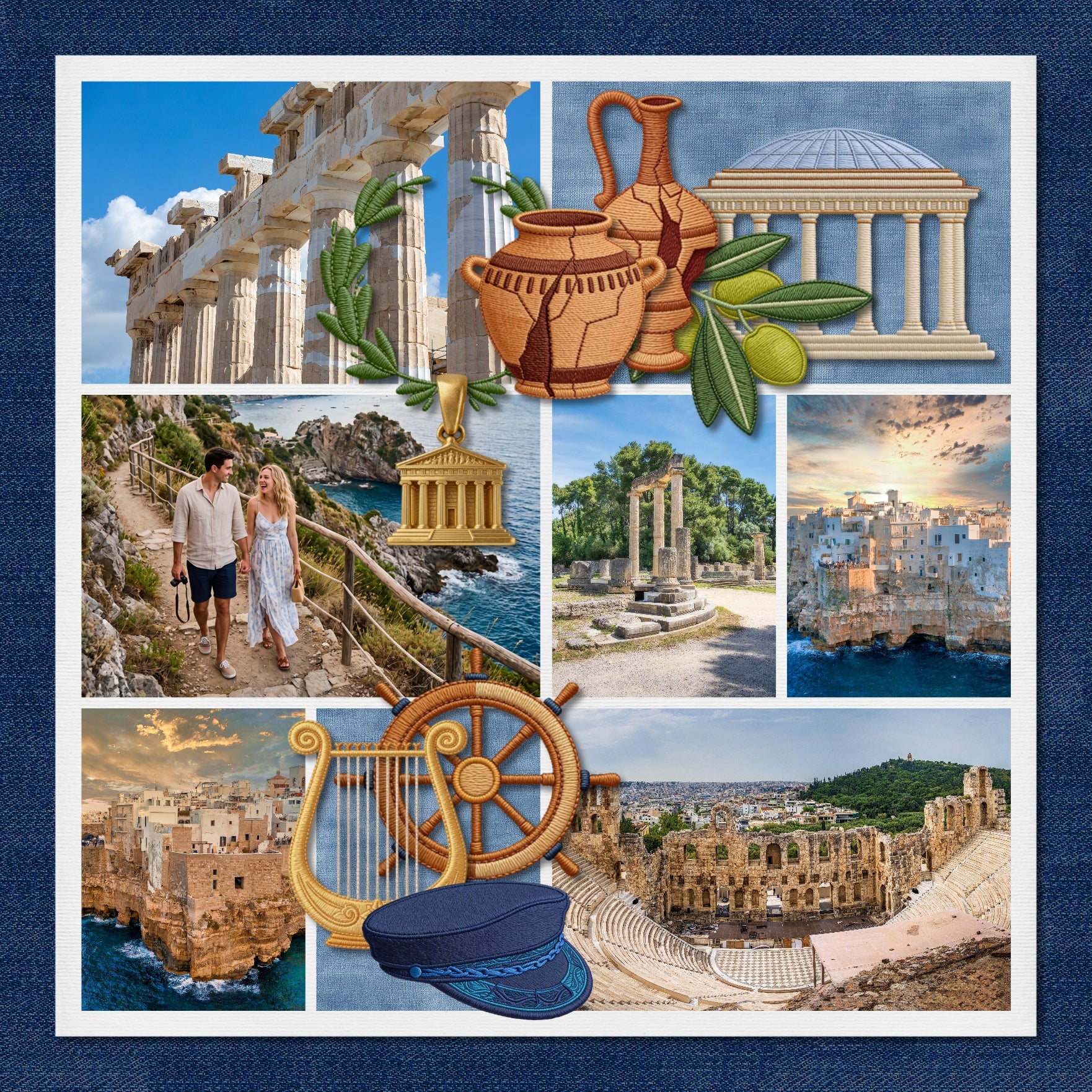 Document your world travel digital scrapbooking pages with these authentic embroidered patches by Crafty Clover digital art celebrating Greece. Embellishments include dolphin, fish, sardine, sea bass, pelican, Seabream, seal, whale, clay, ceramic, vase, pottery, vessel, artifact, beach chair, umbrella, cruise ship, boat, Greek warship, Trireme, anchor, ship building, sailor hat, ship's wheel, yacht, book of myths, bow and arrow, dome, coin, money, column, arch, ruin, broken, Parthenon, dishes, plates, dome,