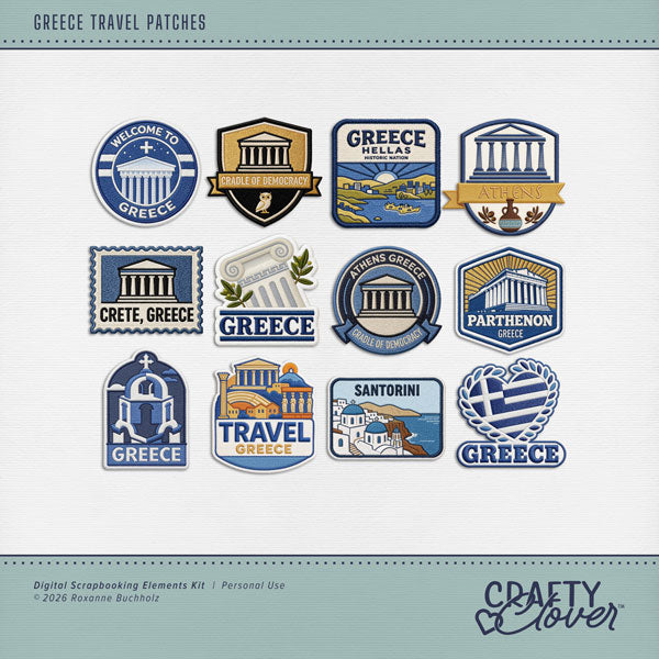Document your world travel digital scrapbooking pages with these authentic embroidered patches by Crafty Clover digital art celebrating Greece. Locations include Athens, Crete, Parthenon, Santorini, Hellas, and more! This kit is NOT included in any bundle.