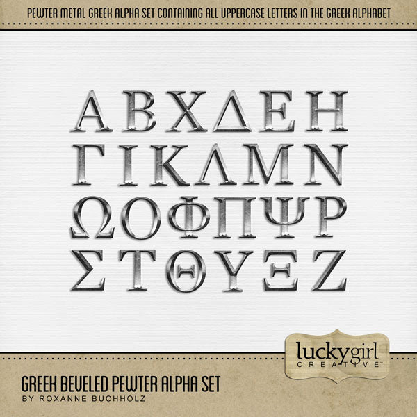 Represent your favorite sorority or fraternity with these timeless Greek letters by Lucky Girl Creative digital art for digital scrapbooking. Document your Greek life college years of parties, theme nights, and special occasions in addition to rush and big sister / little sister events. This alpha set consists of a full set of 24 Greek digital art uppercase letters including Alpha, Beta, Chi, Delta, Epsilon, Eta, Gamma, Iota, Kappa, Lambda, Mu, Nu, Omega, Omicron, Phi, Pi, Psi, Rho, Sigma, Tau, and more.