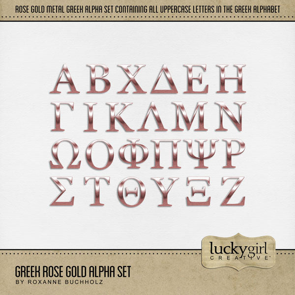 Represent your favorite sorority or fraternity with these timeless Greek letters by Lucky Girl Creative digital art for digital scrapbooking. Document your Greek life college years of parties, theme nights, and special occasions in addition to rush and big sister / little sister events. This alpha set consists of a full set of 24 Greek digital art uppercase letters including Alpha, Beta, Chi, Delta, Epsilon, Eta, Gamma, Iota, Kappa, Lambda, Mu, Nu, Omega, Omicron, Phi, Pi, Psi, Rho, Sigma, Tau, and more.