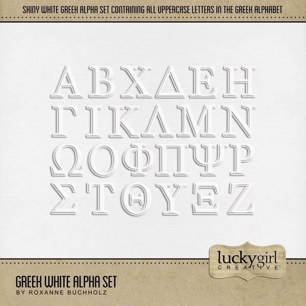 Represent your favorite sorority or fraternity with these timeless Greek letters by Lucky Girl Creative digital art for digital scrapbooking. Document your Greek life college years of parties, theme nights, and special occasions in addition to rush and big sister / little sister events. This alpha set consists of a full set of 24 Greek digital art uppercase letters including Alpha, Beta, Chi, Delta, Epsilon, Eta, Gamma, Iota, Kappa, Lambda, Mu, Nu, Omega, Omicron, Phi, Pi, Psi, Rho, Sigma, Tau, and more.