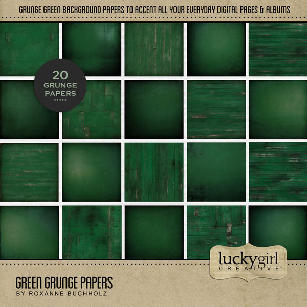 Accent your Christmas greeting cards and traditional seasonal pages with these green textured and grunge papers by Lucky Girl Creative Digital Art for Digital Scrapbooking. Great for Christmas, festive parties, holiday greeting cards, St. Patrick's Day, and more! This kit is included in the Christmas Season Papers Bundle.