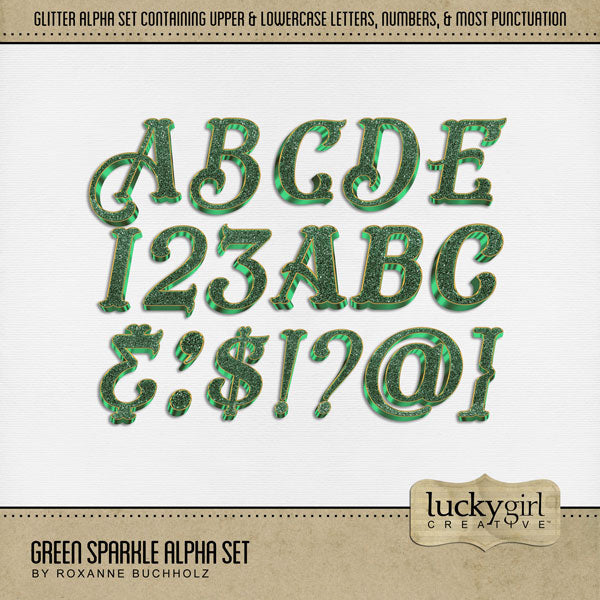 These green glitter alphabet and number digital scrapbooking embellishments by Lucky Girl Creative digital art are easy to use for everyday digital scrapbook page titles and special occasions such as Christmas memories with these beautiful red and green sparkle glitter alpha sets and St. Patrick's Day. The Green Sparkle Alpha Set consists of a full set of digital art uppercase alphabet letters A-Z, lowercase alphabet letters a-z, numbers 0-9, and most punctuation marks. 