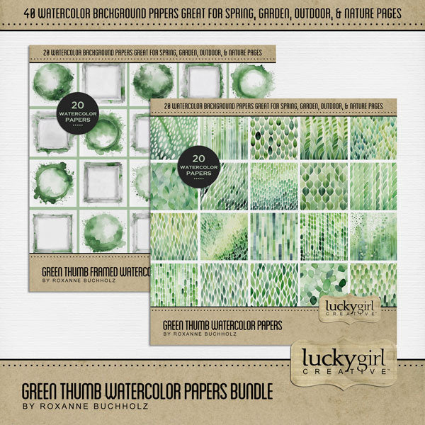Create beautiful sunny spring, garden, and outdoor pages with these inspirational green watercolor background papers by Lucky Girl Creative digital art for digital scrapbooking. Great for St. Patrick's Day, Christmas, camping, and outdoor pages, too!