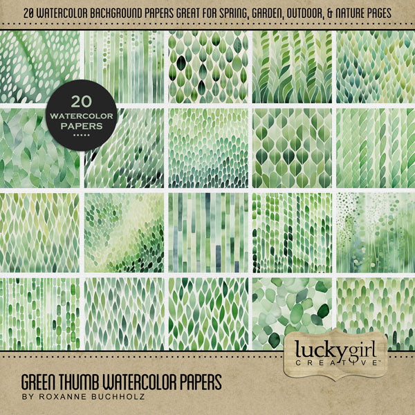 Create beautiful sunny spring, garden, and outdoor pages with these inspirational green watercolor background papers by Lucky Girl Creative digital art for digital scrapbooking. Great for St. Patrick's Day, Christmas, camping, and outdoor pages, too! This kit is included in the Green Thumb Watercolor Papers Bundle.