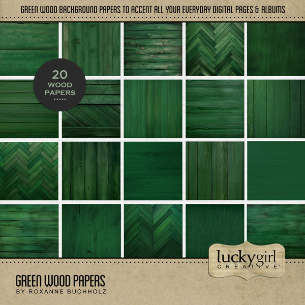 Accent your Christmas greeting cards and traditional seasonal pages with these green wood grain papers by Lucky Girl Creative Digital Art for Digital Scrapbooking. Great for Christmas, festive parties, holiday greeting cards, St. Patrick's Day, and more! This kit is included in the Christmas Season Papers Bundle.