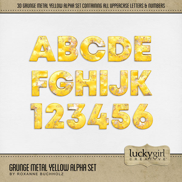 Capture the special moments of your life with these digital scrapbooking alphabet letters and numbers by Lucky Girl Creative digital art. Designed to coordinate with the Airport, Bus, and Train collections, this grunge set of alphas add that pop to all your page titles. Get for masculine, sports, hobbies, Father's Day, and everyday pages, too! The Grunge Metal Yellow Alpha Set consists of a full set of digital art uppercase letters A-Z and numbers 0-9. 