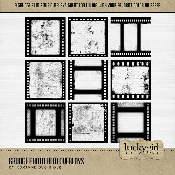 Accent your favorite photos or frame your digital scrapbook pages with these grunge film strip overlays by Lucky Girl Creative digital art. All elements in the kit are black and easily colorized or filled with your favorite papers to fit your chosen photos. This kit is included in the Grunge Photo Transfer Mega Bundle.