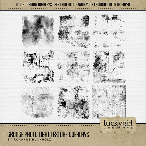 Grunge up your favorite photos or add texture to your digital scrapbooking background papers with these light grunge textured overlays by Lucky Girl Creative. All elements in the kit are black and easily colorized or filled with your favorite papers to fit your chosen photos. This kit is included in the Grunge Photo Transfer Mega Bundle.