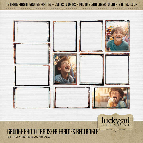 Accent and frame your favorite photos with these digital scrapbooking grunge photo transfers by Lucky Girl Creative digital art. Great for creating fine art greeting cards and unique pieces of artwork. Simply overlay these photo transfer frames onto a photo of your choice and apply a blend layer to create unique look or use as is for a vintage feeling. This kit is included in the Grunge Photo Transfer Mega Bundle.