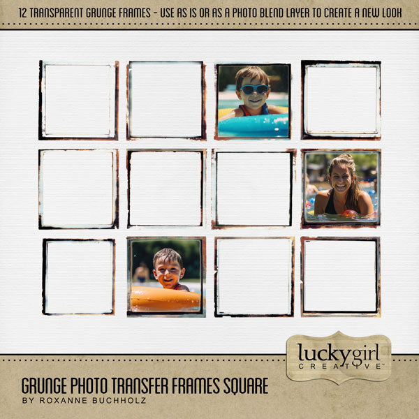 Accent and frame your favorite photos with these digital scrapbooking grunge photo transfers by Lucky Girl Creative digital art. Great for creating fine art greeting cards and unique pieces of artwork. Simply overlay these photo transfer frames onto a photo of your choice and apply a blend layer to create unique look or use as is for a vintage feeling. This kit is included in the Grunge Photo Transfer Mega Bundle.