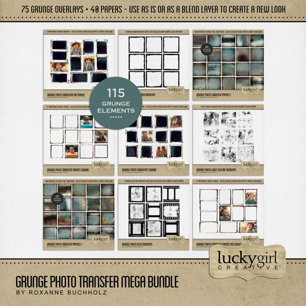 Accent your pages with these beautiful digital scrapbooking grunge textured photo transfer papers, frames, and overlays by Lucky Girl Creative digital art. Perfect for creating photo blend layers with a photographic look. The fine art frames can be layered over or under photos, then play with blend modes to create a one-of-a-kind look or vintage feel.