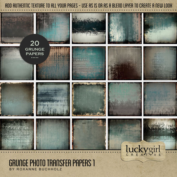 Create unique digital scrapbooking page backgrounds with these grunge painted papers by Lucky Girl Creative digital art. Great for creating fine art greeting cards and unique pieces of artwork. Use as is or apply as a blend layer to create a vintage look. This kit is included in the Grunge Photo Transfer Mega Bundle.