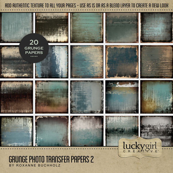 Create unique digital scrapbooking page backgrounds with these grunge painted papers by Lucky Girl Creative digital art. Great for creating fine art greeting cards and unique pieces of artwork. Use as is or apply as a blend layer to create a vintage look. This kit is included in the Grunge Photo Transfer Mega Bundle.