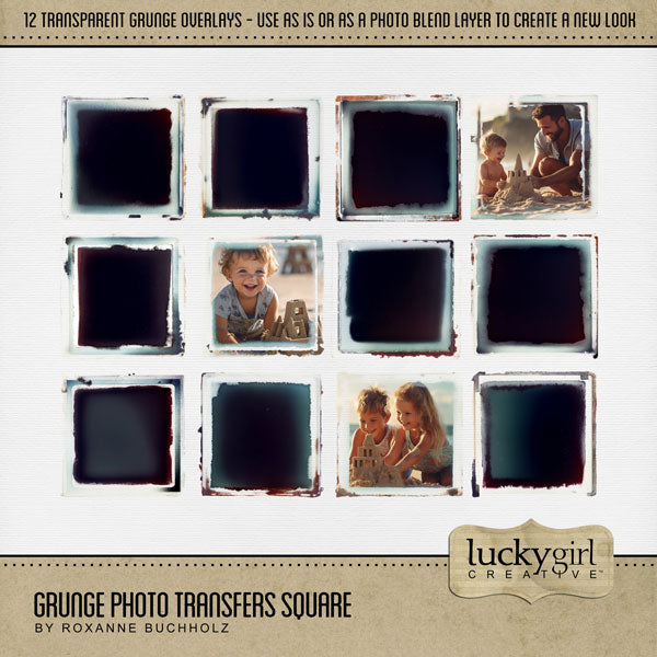 Accent your favorite photos with these digital scrapbooking grunge photo transfers by Lucky Girl Creative digital art. Great for creating fine art greeting cards and unique pieces of artwork. Simply overlay a photo of your choice on top of one of these photo transfers and apply a blend layer or use as is for a vintage feeling.