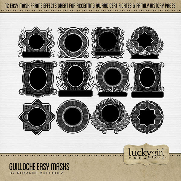 Perfect for accenting special awards, recognition certificates, and memorable occasions, these gold ornate photo masks by Lucky Girl Creative digital art are a great addition to your digital scrapbooking pages. With 12 unique designs, these decorative photo masks are supplied as both standard and inverse embellishment overlays for maximum flexibility. Fill with color, paper, or your favorite photo to create a one-of-a-kind image. In Photoshop, drop the photo mask on your page, overlay with your favorite