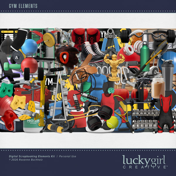 Celebrate your fitness journey! Whether you're documenting workout milestones, healthy habits, weight-loss achievements, or an active lifestyle, this versatile digital scrapbooking embellishments only kit by Lucky Girl Creative digital art has everything you need to create inspiring digital scrapbooking pages. Embellishments include gym bag, duffle bag, balancing ball, scale, boxing bag, boxing gloves, boxing helmet, wrestling shoes, climbing wall, grip, compression sleeve, weights, dumbbell, exercise band