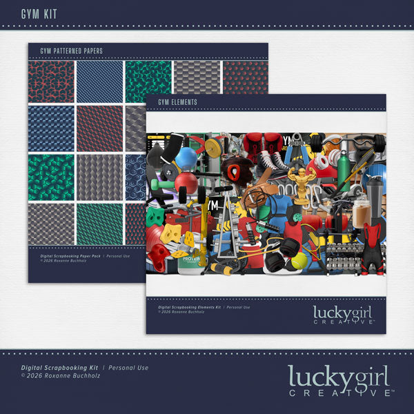Celebrate your fitness journey! Whether you're documenting workout milestones, healthy habits, weight-loss achievements, or an active lifestyle, this versatile digital scrapbooking embellishments and patterned papers kit by Lucky Girl Creative digital art has everything you need to create inspiring digital scrapbooking pages. Embellishments include gym bag, duffle bag, balancing ball, scale, boxing bag, boxing gloves, boxing helmet, wrestling shoes, climbing wall, grip, compression sleeve, weights, dumbbell