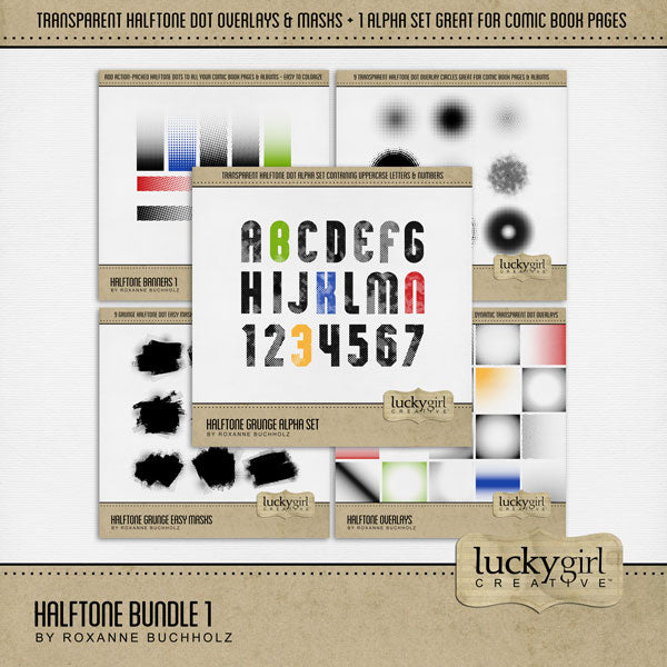Wow! This digital scrapbooking Halftone Bundle 1 by Lucky Girl Creative digital art is packed with action and adventure. Perfect for comic book pages, video, games, sports, Father's Day, and more! Easily colorized, these transparent halftone dotted embellishments, alpha set, and easy masks are great for overlays on background pages and photos. Simply fill the black elements with your favorite color, gradation, paper, or photo to create a one-of-a-kind look.