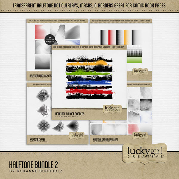 Wow! This digital scrapbooking Halftone Bundle 2 by Lucky Girl Creative digital art is packed with action and adventure. Perfect for comic book pages, video, games, sports, Father's Day, and more! Easily colorized, these transparent halftone dotted embellishments, overlays, and photo masks are great for background pages and photos. Simply fill the black elements with your favorite color, gradation, paper, or photo to create a one-of-a-kind look.