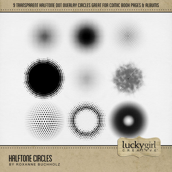 Wow! This digital scrapbooking elements kit by Lucky Girl Creative digital art is packed with action and adventure. Perfect for comic book pages, video, games, sports, Father's Day, and more! Easily colorized, these transparent halftone dotted embellishments are great for overlays on background pages and photos. Simply fill the black elements with your favorite color, gradation, paper, or photo to create a one-of-a-kind look.