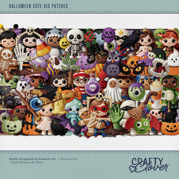 Bursting with playful charm and kid-friendly Halloween fun, this delightful collection by Crafty Clover digital art is perfect for celebrating the lighter, cuter side of spooky season. With the look of embroidered patches, these fun-filled embellishments bring a touch of stitched-style whimsy to all your Halloween projects. Perfect for trick-or-treat memories, pumpkin patch adventures, costume party photos, classroom celebrations, fall festivities, and children's Halloween scrapbook pages