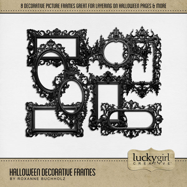 Capture the Halloween fun with these decorative digital scrapbooking frame embellishments by Lucky Girl Creative digital art. Create unique Halloween pages, greeting cards, and decor by layering these frames on top of your favorite photos. This kit is included in the Halloween Watercolor Bundle.