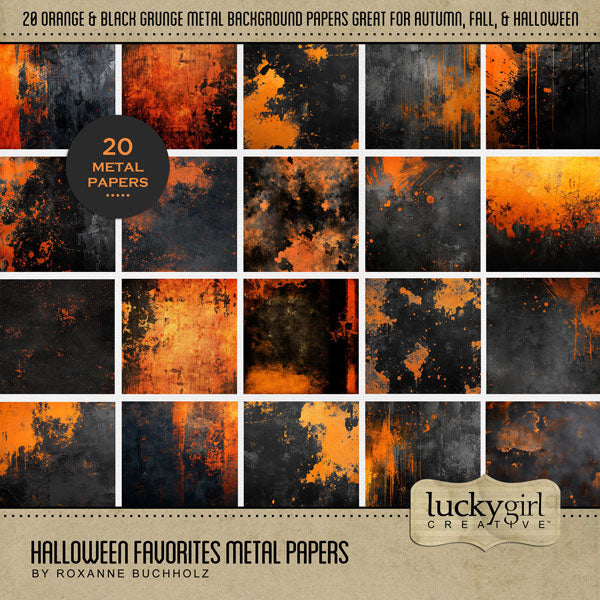 With bold black and orange grunge metal textures, this digital scrapbooking paper pack by Lucky Girl Creative digital art offers the perfect backdrop to tell your Halloween story. This kit is included in the Halloween Favorites Papers Bundle.
