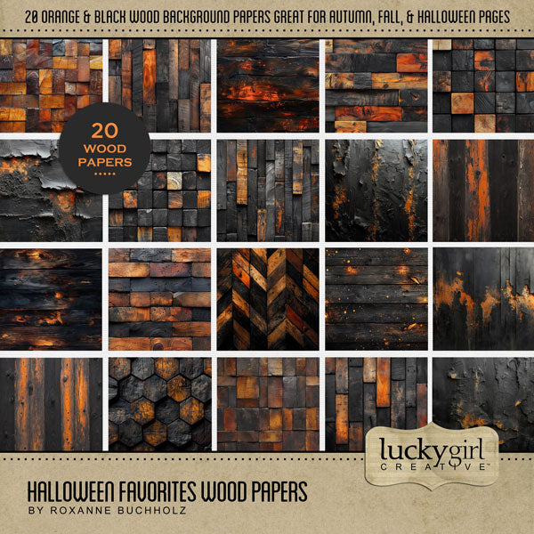 With bold black and orange wood panels, this digital scrapbooking paper pack by Lucky Girl Creative digital art offers the perfect backdrop to tell your Halloween story. This kit is included in the Halloween Favorites Papers Bundle.
