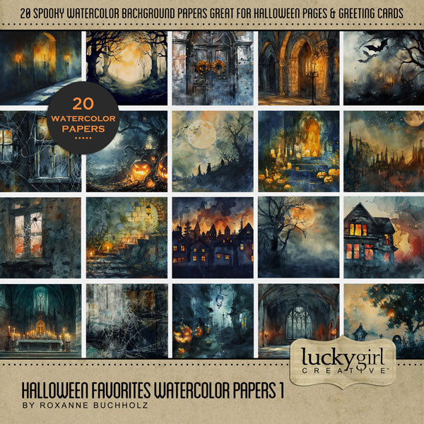 With bold black, blue, and orange spooky backgrounds, this haunted digital scrapbooking paper pack by Lucky Girl Creative digital art offers the perfect backdrop to tell your Halloween story. Scenes include graveyard, cemetery, bats, staircase, street lamps, town, house, tombstone, grave, crypt, windows, candles, haunted forest, haunted house, and more. This kit is included in the Halloween Favorites Papers Bundle.