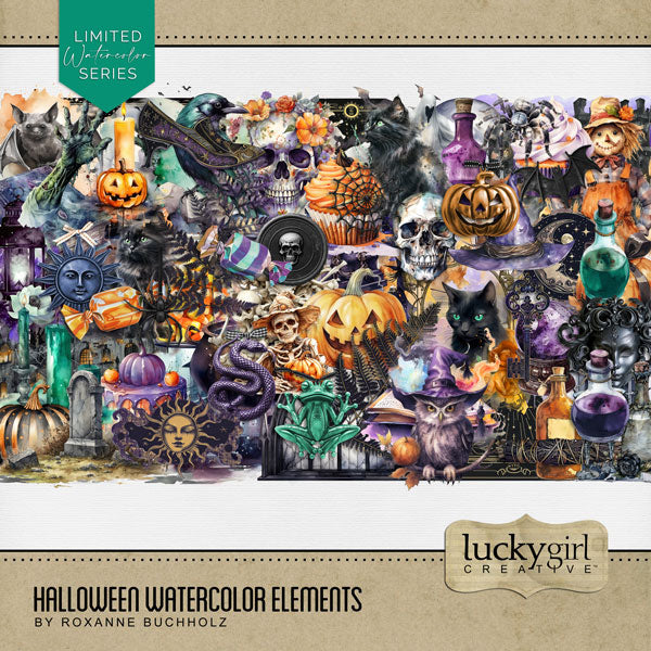 Capture the Halloween fun with these semi-transparent digital scrapbooking watercolor embellishments by Lucky Girl Creative digital art. Create unique Halloween pages, greeting cards, and decor by layering these elements with your favorite seasonal photos. This kit is included in the Halloween Watercolor Bundle and the Halloween Watercolor Kit.