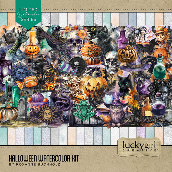 Capture the Halloween fun with these semi-transparent digital scrapbooking watercolor embellishments and watercolor background papers by Lucky Girl Creative digital art. Create unique Halloween pages, greeting cards, and decor by layering these elements with your favorite seasonal photos. This kit is included in the Halloween Watercolor Bundle and includes the Halloween Watercolor Elements and the Halloween Watercolor Papers.