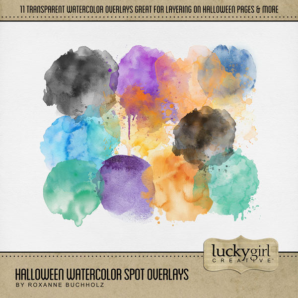 Capture the Halloween fun with these versatile digital scrapbooking transparent watercolor spot overlays by Lucky Girl Creative digital art. Create unique Halloween pages, greeting cards, and decor by layering these spots with the other embellishments from the Halloween Watercolor collection. Great for everyday use, too, and can easily be colorized to fit your needs. This kit is included in the Halloween Watercolor Bundle.