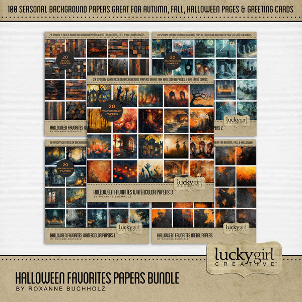 With bold black, blue, and orange spooky backgrounds, this haunted digital scrapbooking paper bundle by Lucky Girl Creative digital art offers 100 perfect backdrops to tell your Halloween story. Scenes include graveyard, cemetery, bats, staircase, street lamps, Zombie, ghost, town, house, tombstone, grave, crypt, windows, candles, haunted forest, haunted house, bats, and more.
