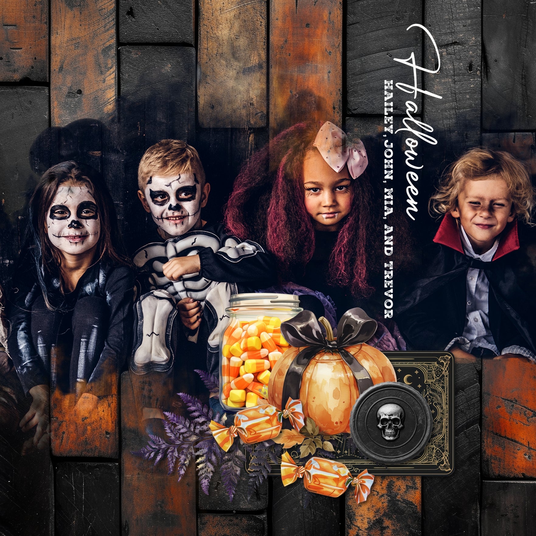 With bold black, blue, and orange spooky backgrounds, this haunted digital scrapbooking paper bundle by Lucky Girl Creative digital art offers 100 perfect backdrops to tell your Halloween story. Scenes include graveyard, cemetery, bats, staircase, street lamps, Zombie, ghost, town, house, tombstone, grave, crypt, windows, candles, haunted forest, haunted house, bats, and more.
