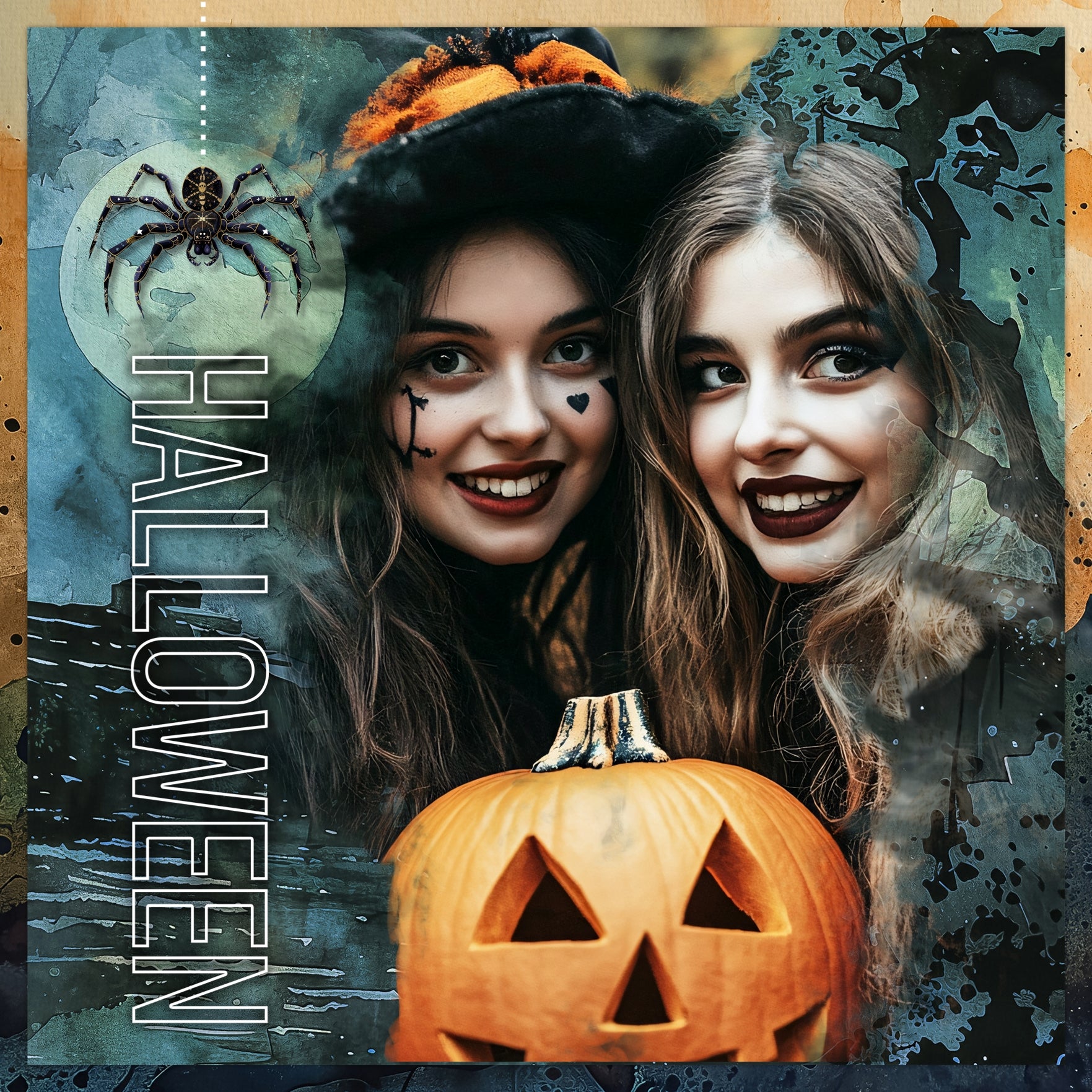 With bold black, blue, and orange spooky backgrounds, this haunted digital scrapbooking paper bundle by Lucky Girl Creative digital art offers 100 perfect backdrops to tell your Halloween story. Scenes include graveyard, cemetery, bats, staircase, street lamps, Zombie, ghost, town, house, tombstone, grave, crypt, windows, candles, haunted forest, haunted house, bats, and more.