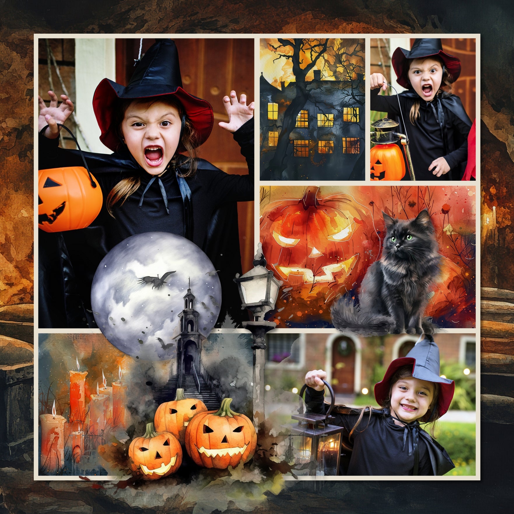 With bold black, blue, and orange spooky backgrounds, this haunted digital scrapbooking paper bundle by Lucky Girl Creative digital art offers 100 perfect backdrops to tell your Halloween story. Scenes include graveyard, cemetery, bats, staircase, street lamps, Zombie, ghost, town, house, tombstone, grave, crypt, windows, candles, haunted forest, haunted house, bats, and more.