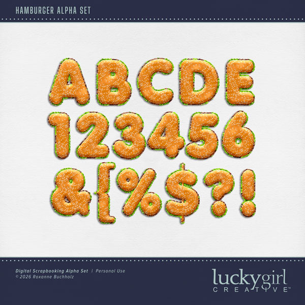 Showcase your favorite fast food restaurants, recipes, and cookbook favorites with these fun digital scrapbooking alphabet letters, numbers, and punctuation by Lucky Girl Creative digital art great for creating one-of-a-kind digital scrapbooking page titles. Great for backyard barbecues and cookouts, too! This alpha set consists of a full set of digital art uppercase letters A-Z, numbers 0-9, and most punctuation. This alpha set is available as individual embellishments only. 