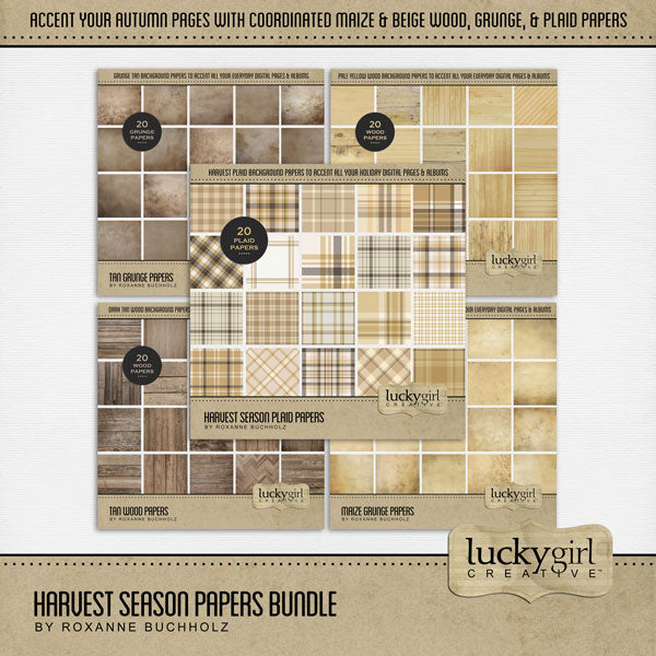 Accent your autumn greeting cards and traditional seasonal pages with these plaid, wood, and grunge papers in tones of yellow, brown, tan, and cream by Lucky Girl Creative digital art for digital scrapbooking. Great for Thanksgiving, fall, autumn, hay rides, pumpkin patch, fall festivals, and more!