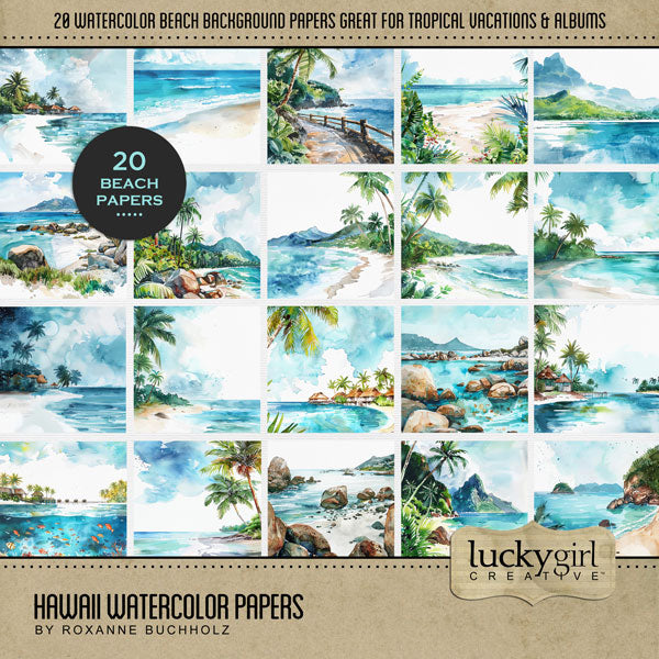 Add these beautiful beach watercolor digital scrapbooking background papers by Lucky Girl Creative digital art to all your Hawaiian, Caribbean, summer, and tropical digital scrapbooking pages and albums! Great for vacations to Hawaii, Caribbean, the South Pacific, Polynesia, and other tropical locations. This kit is included in the Hawaii Watercolor Bundle.