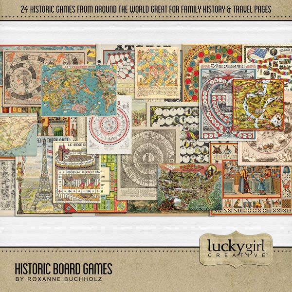 These vintage board games by Lucky Girl Creative digital art are the perfect backdrop for any genealogy, family history, and heritage digital scrapbooking pages. Great for layering on travel pages, too! Board games are from Paris, France, Dutch, Holland, The Netherlands, China, Prussia, USA, America, United States of America, Germany, Japan, and more! This kit is NOT included in any bundle.