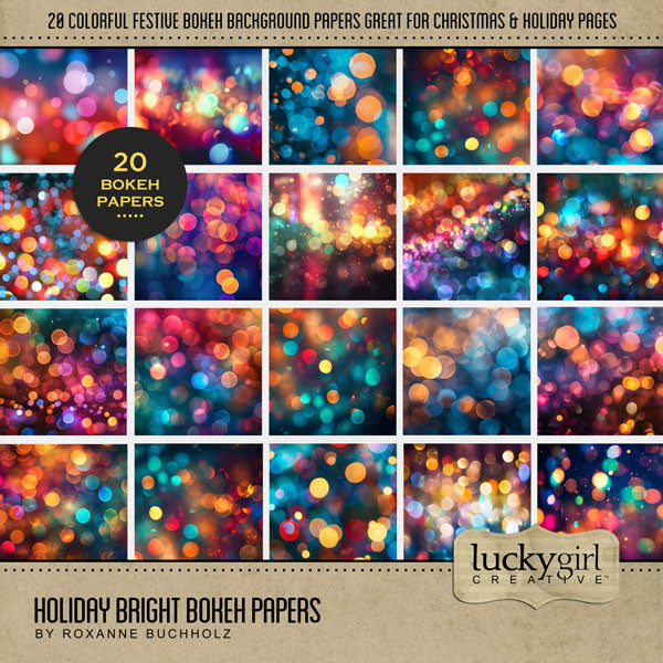 Shine bright this holiday season with these playful bokeh background papers by Lucky Girl Creative digital art featuring brightly colored glowing lights. Great for birthday and celebrations, too! This digital scrapbooking kit is included in the Holiday Bright Lights Bundle.