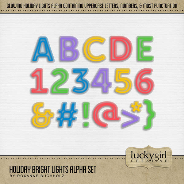 Shine bright this holiday season with this glowing light alpha set by Lucky Girl Creative digital art in a mix of blue, green, purple, red, and yellow. This set of holiday light alphas is great for adding fun to all your digital scrapbooking page titles! Great for birthday and celebrations, too! This alpha set consists of a full set of digital art uppercase letters A-Z, numbers 0-9, and most punctuation marks. This alpha set is available as individual embellishments only.